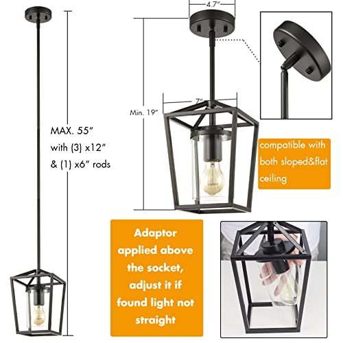 JEENKAE Industrial Black Pendant Lighting for Kitchen Island Vintage Cage Rod-Hanging Light with Clear Glass Cylinder Shade - Image 4