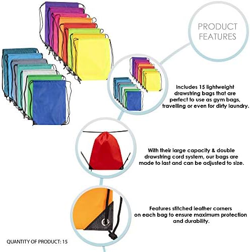 Bramble - 15 Premium Drawstring Sports Gym / School Bags - Assorted Colours, 43cm x 34cm