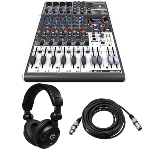 Behringer XENYX X1204USB Premium 12-Input 2/-Bus Mixer, Bundle with Headphones and 25' XLR Microphone Cable