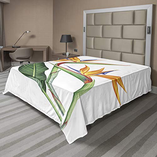 Ambesonne Hawaiian Colors Flat Sheet, Tropical Painting of a Bird of Paradise Flower on Plain Background, Soft Comfortable Top Sheet Decorative Bedding 1 Piece, California King, White Multicolor