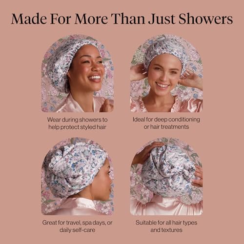 Image of Bridgerton x Kitsch Luxury Satin-Lined Flexi Shower Cap for Women, Wisteria | Shower Caps for Women Reusable Waterproof - Non-slip, Comfortable Quick-dry Hair Shower Cap for All Hair Types