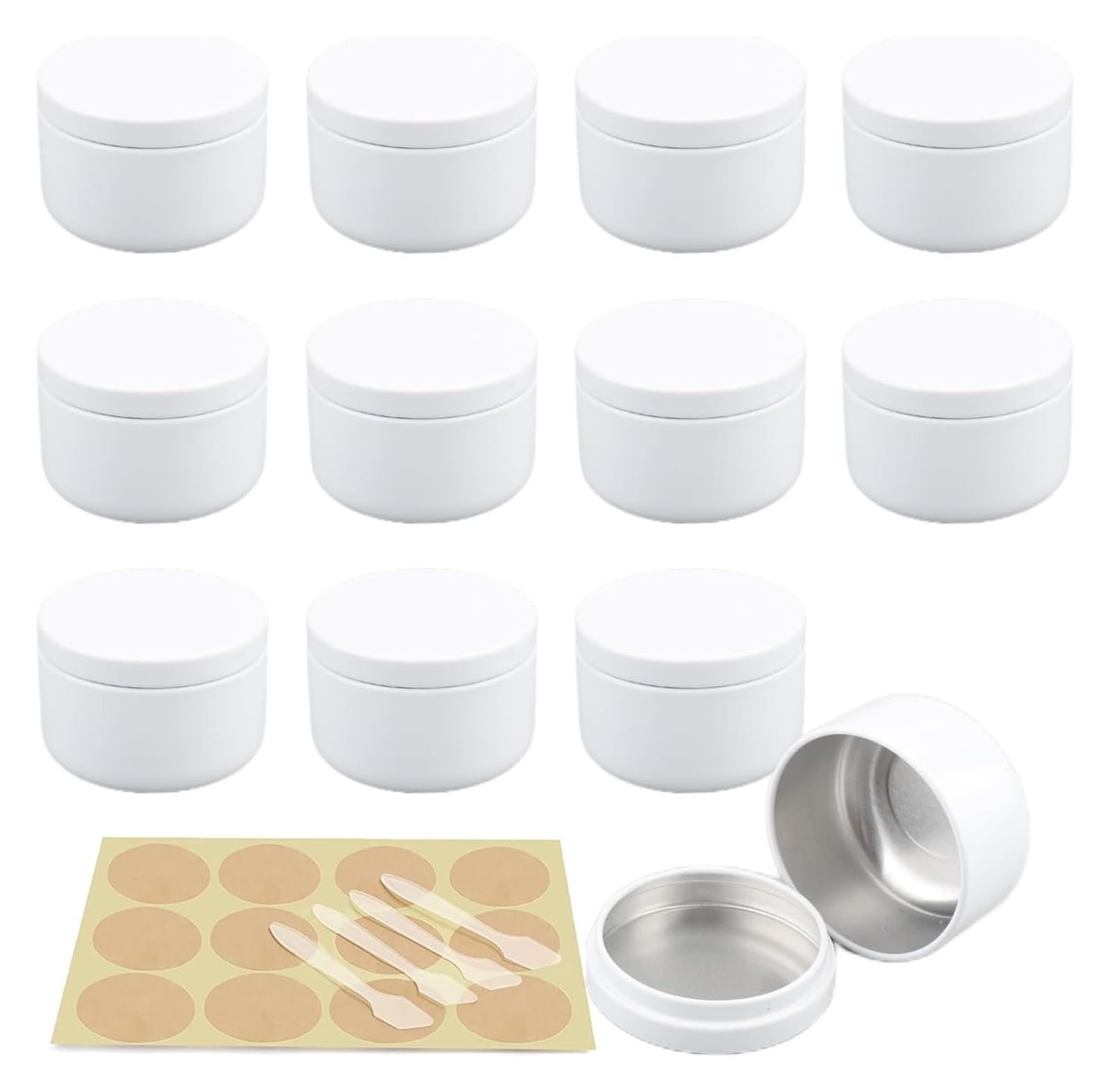 Słoiki na próbki, słoiki kosmetyczne 50 ml aluminiowe słoiki na próbki kosmetyków, opakowanie 20 sztuk, wielokolorowe, z 5 szpatułkami i 20 etykietami(White)