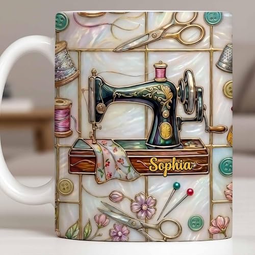 Personalized 3D Inflated Effect Printed Sewing Mug, Custom Name Sewing Machine Coffee Mug, Craft Tools Design, Birthday Gifts for Women, Mom Grandma, Gift For Crafters