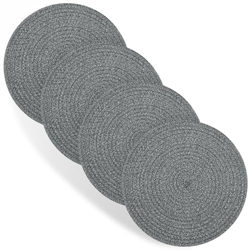 Round Placemats Set of 4, Cotton Rope Thick Place Mats, Heat Resistant Woven Table Mats, Hot Pads for Kitchen, 13 Inches Braided Placemat for Farmhouse and Kitchen Table Decor (Gray)