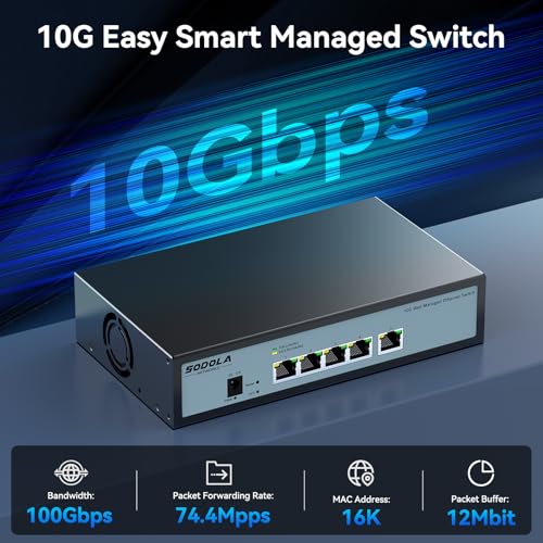 Image of SODOLA 5 Port 10G Easy Web Managed Switch,5X 10GBase-T Ports- Link Aggregation, QoS,VLAN,IGMP, 10Gb Switch for Network Management