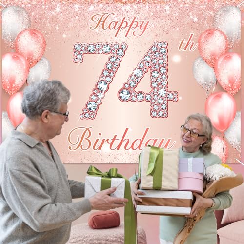 Image of Happy 74th Birthday Rose Gold Banner Cheers to 74 Years Old Backdrop Confetti Balloons Theme Decor for Women 74 Years Old Pink Birthday Party Decorations Bday Supplies Background Favors Gift Glitter