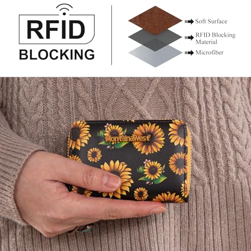 Image of Montana West Small Credit Card Holder for Women RFID Blocking Sunflower Wallet with Zipper Compact Women's Wallet Gift Idea
