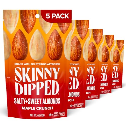 Image of SkinnyDipped Salty + Sweet Maple Almond Crunch, Healthy Snack, Plant Protein, Gluten Free, 4 oz Resealable Bags, Pack of 5