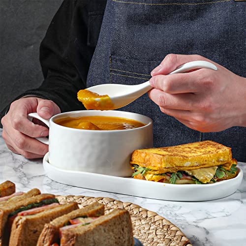 Wareland Ceramic Soup And Sandwich Plate Combo, 16 Oz Soup Bowls/Mugs/Cups With Handles & 9.85-Inch Oval Bread Plates, Soup And Cracker/Side Bowls Set For Breakfast, Microwave Oven Safe, Cream White #TOP4