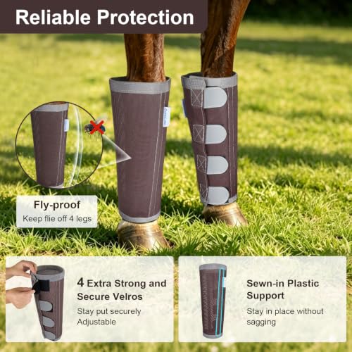 Image of Reflective Horse Fly Boots Set of 4, Loose Fitting Leggings for Horses, Equine Fly Leg Wraps Socks for 4 Legs, Breathable Adjustable and Universal Fit, Reliable Stay Put and on (Brown)