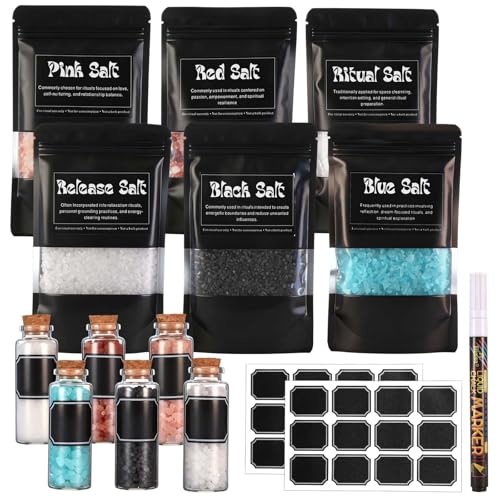 ElaraBerry 6 Pack Ritual Salt Starter Collection Pack with Dispensing Bottles Chalkboard Labels for...
