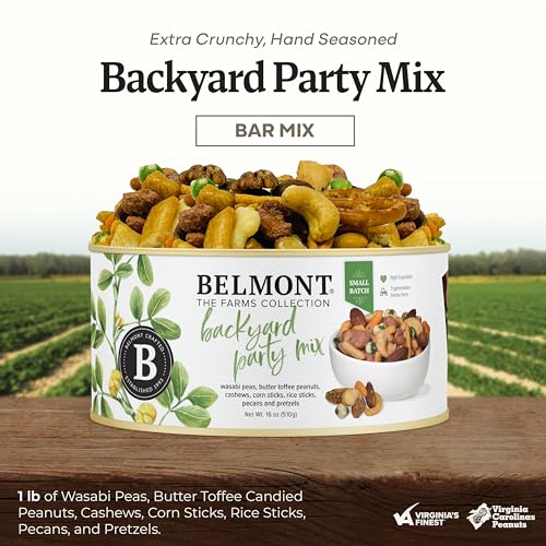 Image of Belmont Peanuts Backyard Party Mix, 18 oz (Pack of 1) | Butter Toffee Peanuts, Wasabi Peas, Cashews, Corn & Rice Sticks, Pecans, Pretzels | Simple Ingredients, No Preservatives, Hand-Seasoned
