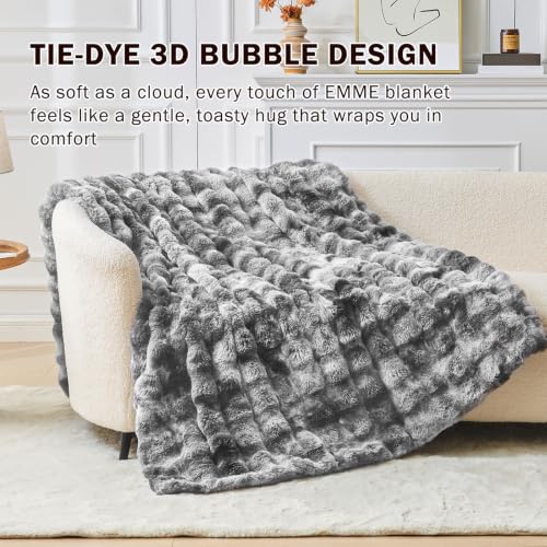 Image of EMME Faux Rabbit Fur Bubble Queen Blanket, Tie Dye Grey 90 inch x 90 inch