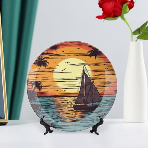 Assiette décorative en céramique avec motif coucher de soleil et support