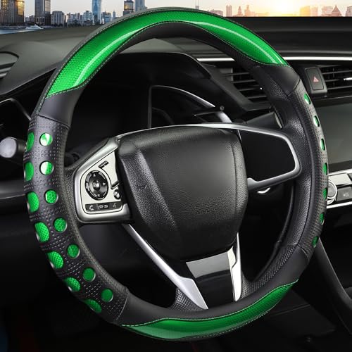 QCYP PU Leather Car Steering Wheel Cover with Anti-Slip Grip for Women and Men Universal Fit for 14.5-15 Inch Cars Trucks SUVs (Green (Round) Medium(Standard) Size[14 1/2-15])