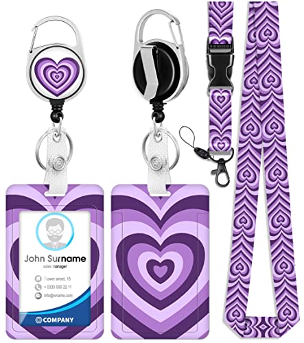 Toykee ID Badge Holder with Lanyard and Retractable Badge Reel Clip, Purple Love Heart Coffee Latte Card Name Tag Lanyard Vertical ID Protector Bage Clips for Nurse Nursing Doctor Teacher Student