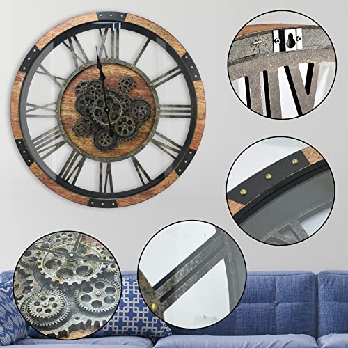 Vintage Large Wall Clock Oversized Vintage Farmhouse Clocks Rustic Country Tuscan Style Moving Gears Wall Clock Home Decor Wall Clock For Living Room Decor, 27 Inch (Vintage Brown Wooden) #TOP3