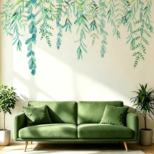 VePret Green Hanging String of Willow Wall Decals Peel and Stick, Large Plants Vinyl Wall Stickers, Removable Vine Home Decor Art for Bedroom Living Room Classroom Office
