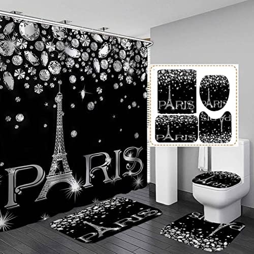 OLEBETY 4PCS Eiffel Tower Shower Curtain Set, Luxury Jewelry Rhinestone Bling Diamond Paris Bathroom Decor, Waterproof Fabric Black Shower Curtain, Non-Slip Bath Mat Toilet Lid Cover Bathroom Rugs