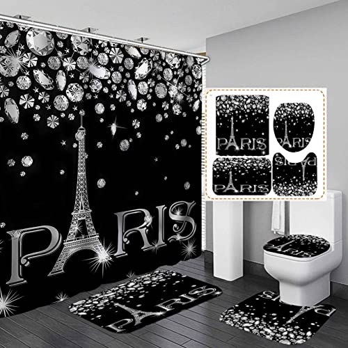 Olebety 4Pcs Eiffel Tower Shower Curtain Set, Luxury Jewelry Rhinestone Bling Diamond Paris Bathroom Decor, Waterproof Fabric Black Shower Curtain, Non-Slip Bath Mat Toilet Lid Cover Bathroom Rugs #TOP2