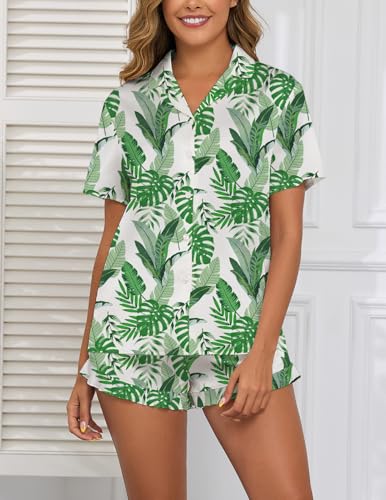 Image of Veseacky Women Satin Pajamas Set 2 Piece Button Down Short Sleeve Soft Sleepwear with Pockets