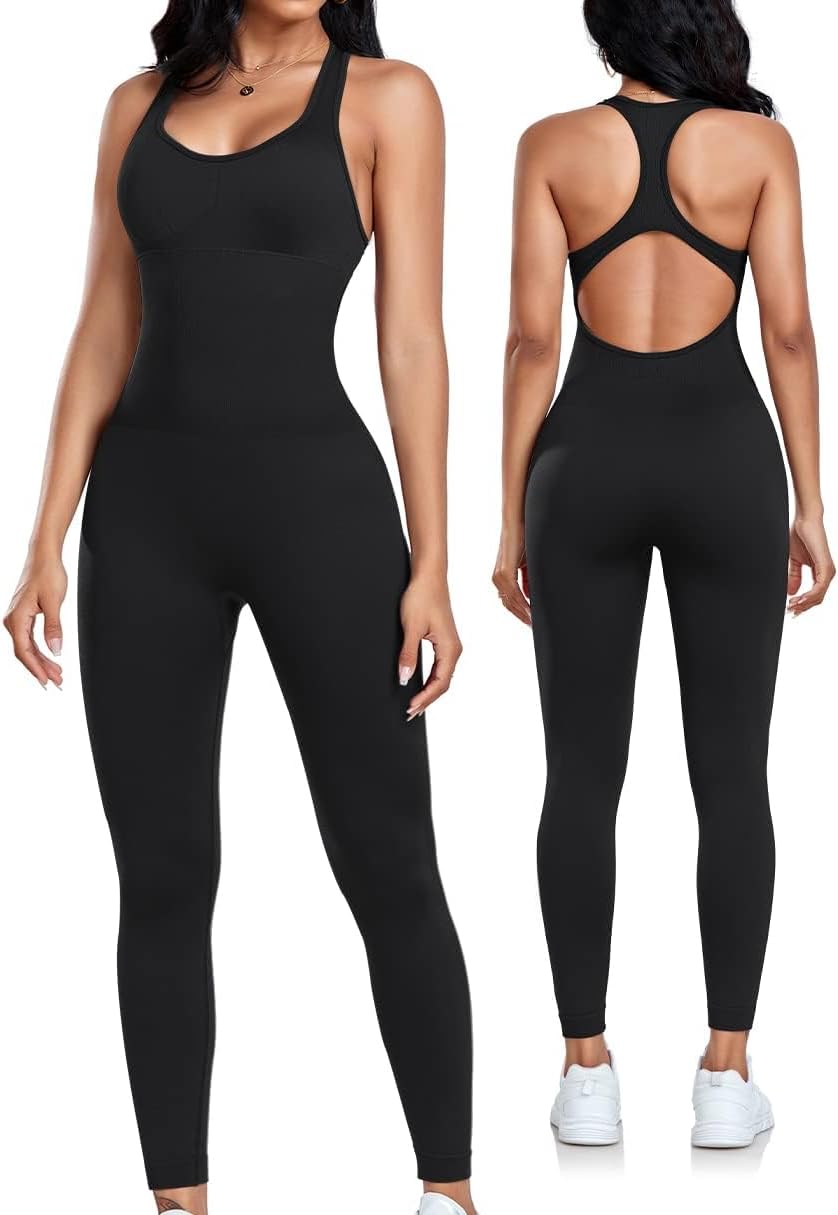 OLCHEEWomens Workout Jumpsuits Seamless Yoga Gym Bodycon Rompers Sexy Racerback Tummy Control Padded Bra Unitard