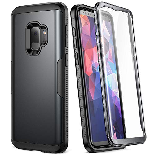 YOUMAKER Galaxy S9 Case, Metallic Black with Built-in Screen Protector Heavy Duty Protection Shockproof Slim Fit Full Body Case Cover for Samsung Galaxy S9 5.8 inch - Black/Black