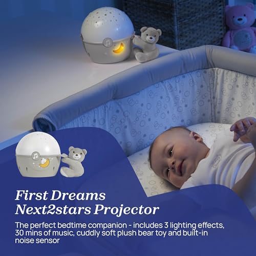 Chicco Next2Stars Luz de Noche Bebé con Peluche - Proyector con Luz de Estrellas para Cunas y Colechos, con Sensor de Sonido, 3 Efectos de Luz y Música 0+ Meses, Gris - imagen 3