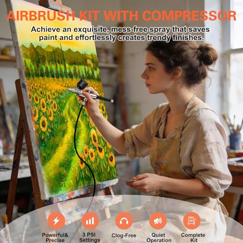KingMiKi Airbrush Kit with Air Compressor, 22/30/50 PSI High Pressure Air Brush Non-Clogging with 0.2/0.3/0.5mm Nozzle/Cleaning Sets, Ideal for Painting, Modeling, Cake Decor, Makeup,Nail Art