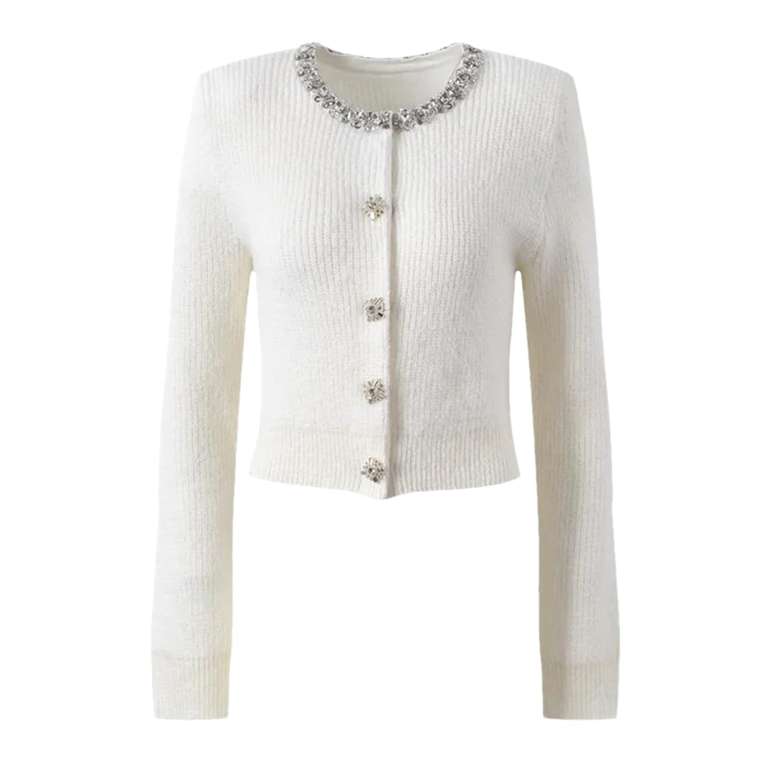 Womens Short Cardigan Heavy Beaded Round Neck Long Sleeve Knitted Cardigan