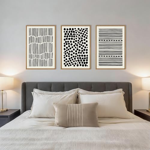 Image of KAIRNE Abstract Black and White Framed Canvas Wall Art Set, Modern Geometric Wall Decor, Minimalist Line Art Prints, Neutral Boho Dots Artwork for Living Room, Bedroom, Farmhouse, Office -16 inchx24 inchx3