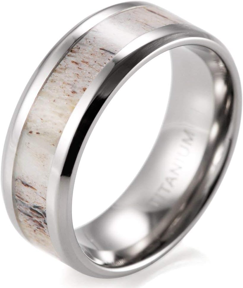 Men's 8mm Beveled Edge Titanium Wedding Ring with Real Deer Antler Inlay