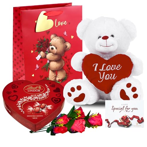 Tilz Regalos de San Valentín para él y ella, flores artificiales, oso de peluche 'I Love You', caja de corazón de chocolate Lindor, bolsa de regalo para el día de San Valentín (amor)