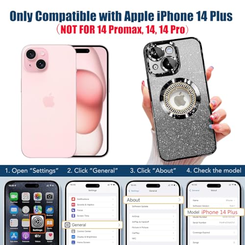 Image of Misscase for iPhone 14 Plus Magnetic Glitter Case Compatible with MagSafe,Full Protection Slim Shockproof Anti-Scratch Case with Camera Lens Protector Logo View Dust-Proof Net for Women Black