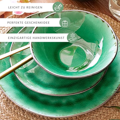 Sänger | Teller Set Palm Beach 12 tlg, Geschirrset 4 Personen, Geschirr Steingut, Dinner Set inkl. Speiseteller Dessertteller & Tiefe Teller Grün Schwarz mit Braunem Farbverlauf | PREMIUM COLLECTION