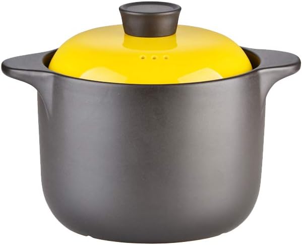 Kitchen Stoneware Cooking Pot Tureen Soup Casserole Dish with Lid, Chinese Soup/Clay/Earthen Pot with Double Handle and Yellow Lid, Ceramic Cookware, Round Black (4 Liter)