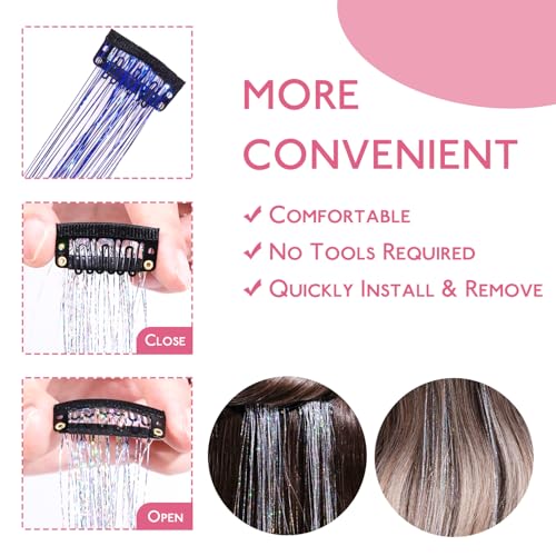 Image of WENNALIFE Hair Tinsel kit for Girls, Clip in Sky Blue, 12PCS 24 Inch Hair Accessories for Women Clip in Colorful Glitter Tinsel Hair Fairy Girls Hair Accessories for Kids