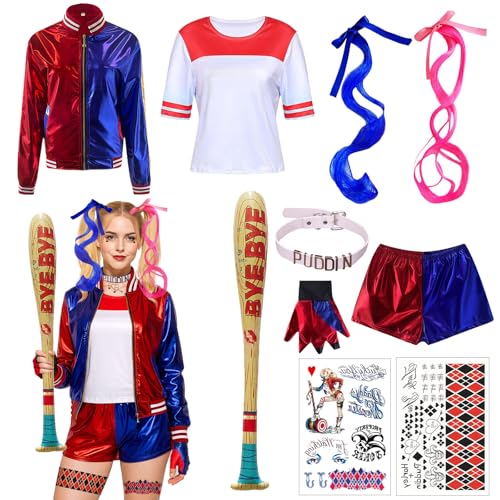 MUNSKT Déguisement Squad Costume,Déguisement Quinn Femme Adulte,Avec Veste T-Shirt Short Gant Perruque Bâtons Gonflable pour Carnaval Halloween Noël Clown...