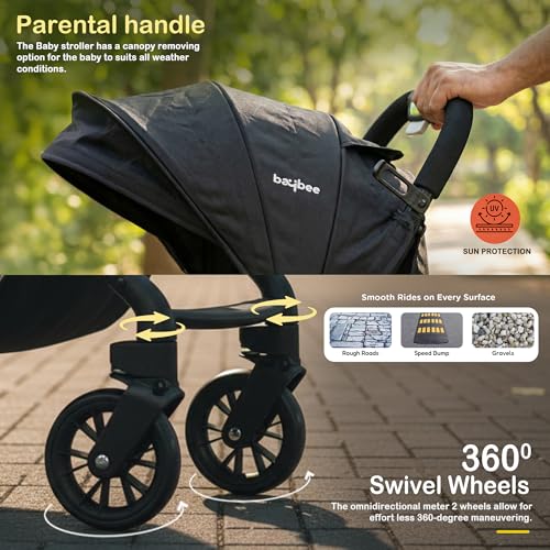 Image of BAYBEE Baby Stroller With 2 in 1 Bassinet & Seat Mode with Parent Handle Bar, 360 Swivel Wheels, 3 Position Recline, Leg Rest, Canopy for Sun Shade & Storage Basket, Ideal Travel Friendly Strollers for Boy Girl (Black)