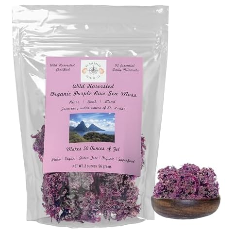 Organic Certified Purple Sea Moss from St.Lucia | Makes 50 ounces of Gel | Organic Raw + Non GMO | Sundried | MINERAL RICH | Certified Wild Harvested Purple Raw Sea Moss | MG Windward Trading LLC 2oz. Cover