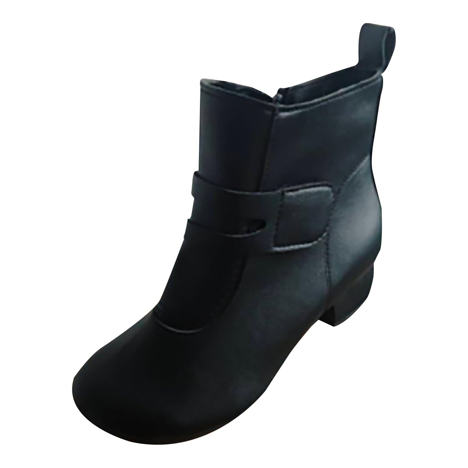 Womens Leather Ankle Boots Round Toe Chunky Block Heel Wide Width Short Booties with Side Zipper