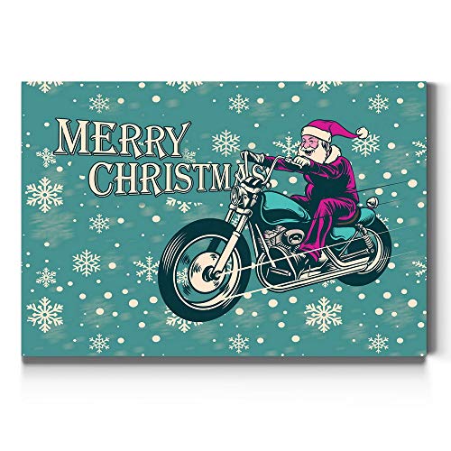 Renditions Gallery Motorcycle Santa Wall Art, Aqua Blue & White Snowflake Design, Funny Christmas Decorations, Premium Gallery Wrapped Canvas Decor, Ready to Hang, 32 in H x 48 in W, Made in America
