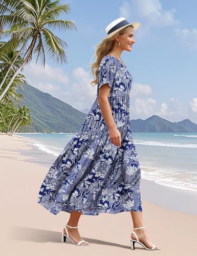 Image of YESNO Women's Summer Maxi Dresses Casual Floral Short Sleeve V Neck Boho Beach Vacation Swing Dress with Pockets EVF