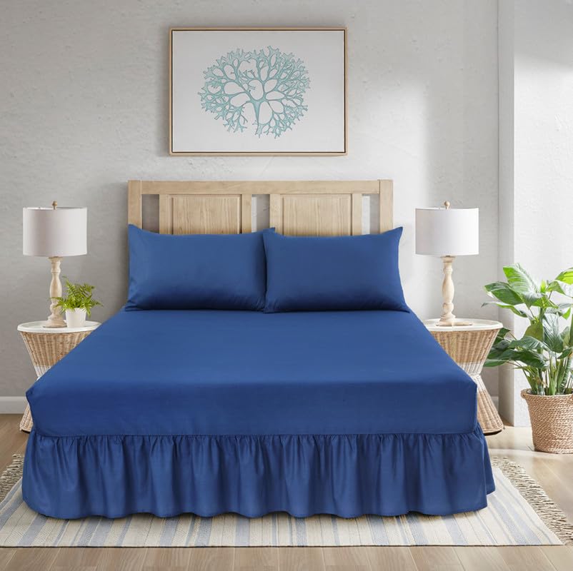 WEAVERS: 3 Pcs Luxurious Plain Frilled Valance Deep Fitted Sheet, Includes Pillowcase Pair. (Size Single Colour Royal Blue)