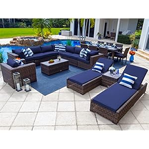Tuscany 21-Piece Resin Wicker Outdoor Patio Furniture Combination Set in Brown w/Sectional Set, Eight-seat Dining Set, and Chaise Lounge Set (Half-Round Brown Wicker, S Canvas Navy)