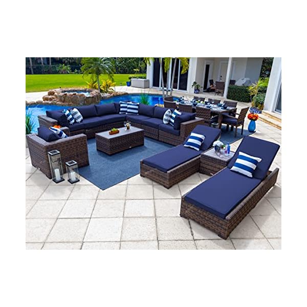 Tuscany 21-Piece Resin Wicker Outdoor Patio Furniture Combination Set in Brown w/Sectional Set, Eight-seat Dining Set, and Chaise Lounge Set (Half-Round Brown Wicker, S Canvas Navy)