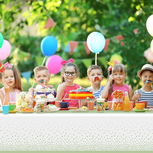 Image of 4 Pack White and Sage Green Tablecloth Party Decorations Plastic White Tablecloth Printed Sage Green Table Runner 54 x108 Inch Disposable Rectangle Table Cover for Birthday Wedding Graduation