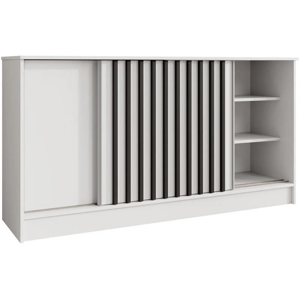 Kommode mit 2 Schiebetüren Horizon, in 100 cm, 120 cm oder 160 cm, dekorativen Lamellen (Weiß + schwarz, 161, Zentimeter)