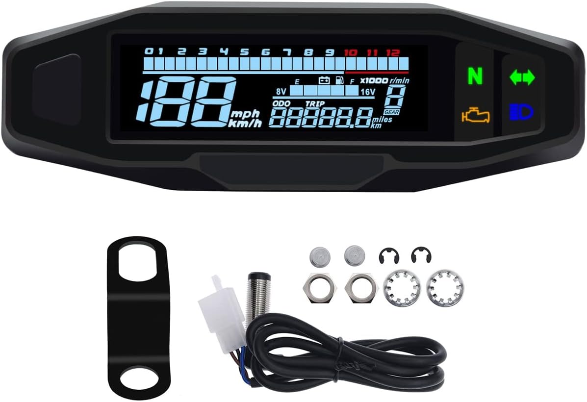 KAOLALI Motorcycle Digital Speedometer Gauge RPM LCD Digital Tachometer Carburetor Odometer Meter (with Sensor + Z Bracket)