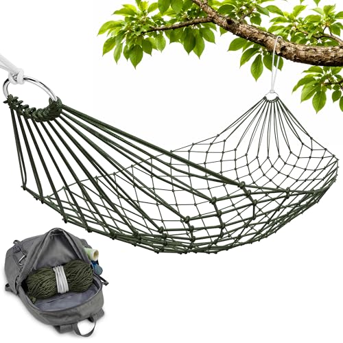 Mesh Hammock - Loop & Lounge Between Two Trees, Rope Hammocks for Outside Camping - No Stand Needed, 220 lb Capacity, Lightweight 13 oz Nylon Net Bed for Backyard Garden Patio Beach Travel, Dark Green